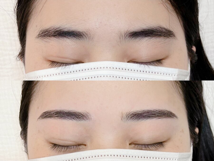 眉毛Waxの施術前と施術後の目元