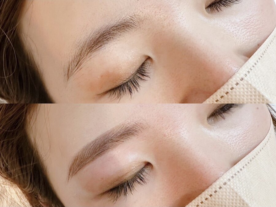 眉毛Waxの施術前と施術後の目元
