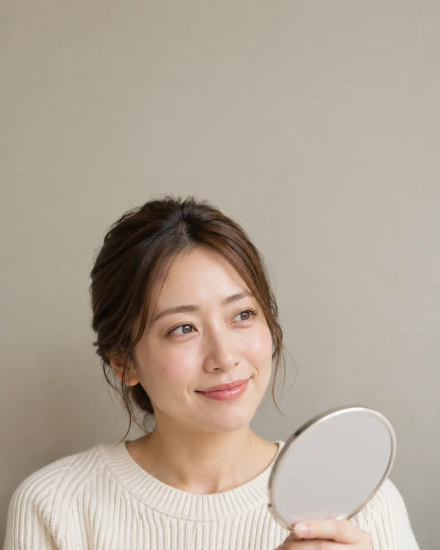 自然に上がったまつ毛と整った眉で、手鏡を見てほほえむ女性