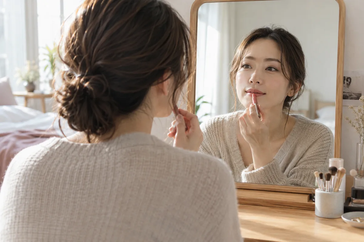 まつ毛と眉が整い、鏡の前でリップだけを塗る朝の女性